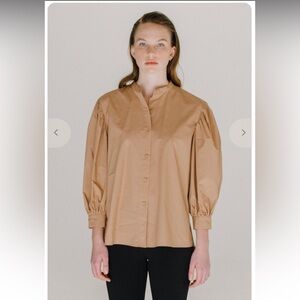 Mijeong Park Puff Sleeve Chic Tan Button-Up Blouse in Mocha - 100% Cotton